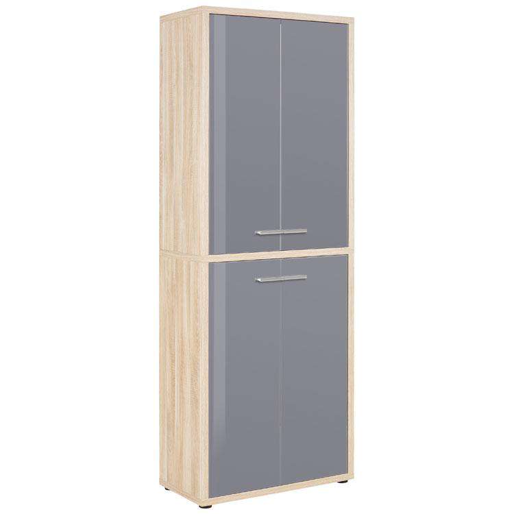 Maja Set+ Tall 4-Door Cupboard in Natural Oak and Grey Glass