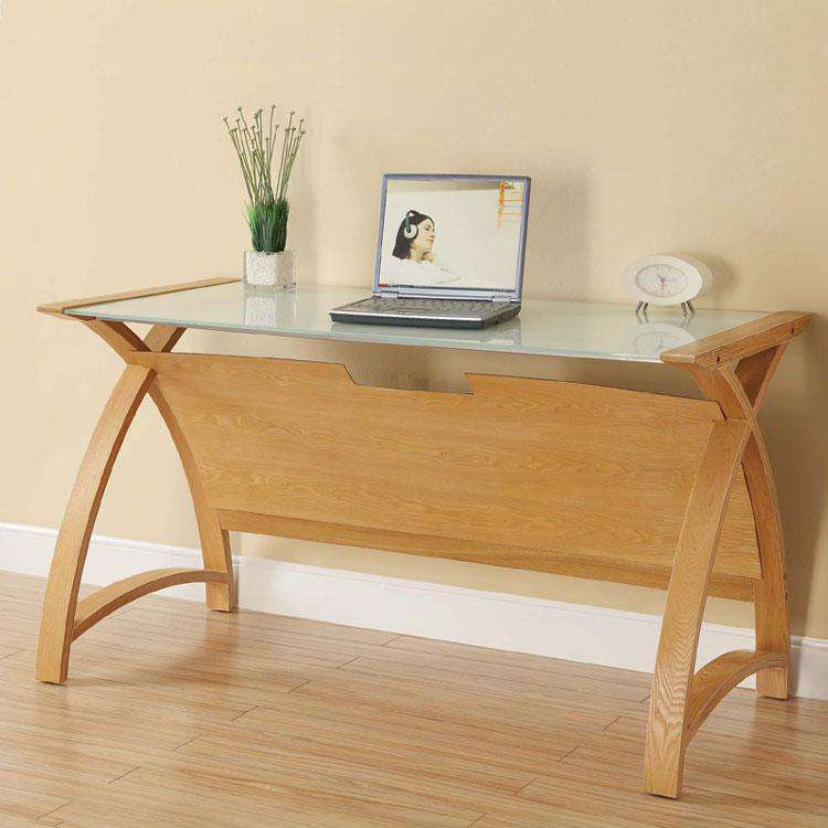 Jual Helsinki PC201 1300mm Curved Laptop Desk Oak with White Glass