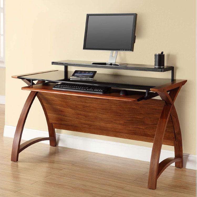 Jual Helsinki PC201 1300mm Curved Computer Desk Walnut with Black Glass