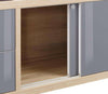 Highlight of the storage cupboard and sliding doors on the Maja Set+ Mobile Storage Unit in Natural Oak and Grey Glass