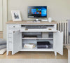 Front image of the Baumhaus Signature Grey Hidden Home Office Desk (CFF06A) shown with keyboard shelf and cupboard doors open