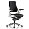 Front angle of the Dynamic Zure Black Fabric White Frame Executive Office Chair