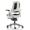 Rear angle of the Dynamic Zure Black Fabric White Frame Executive Office Chair