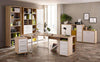 Image of the Maja Set+ Low 2-Door Cupboard in Natural Oak and White Glass shown with other Set+ Office Furniture